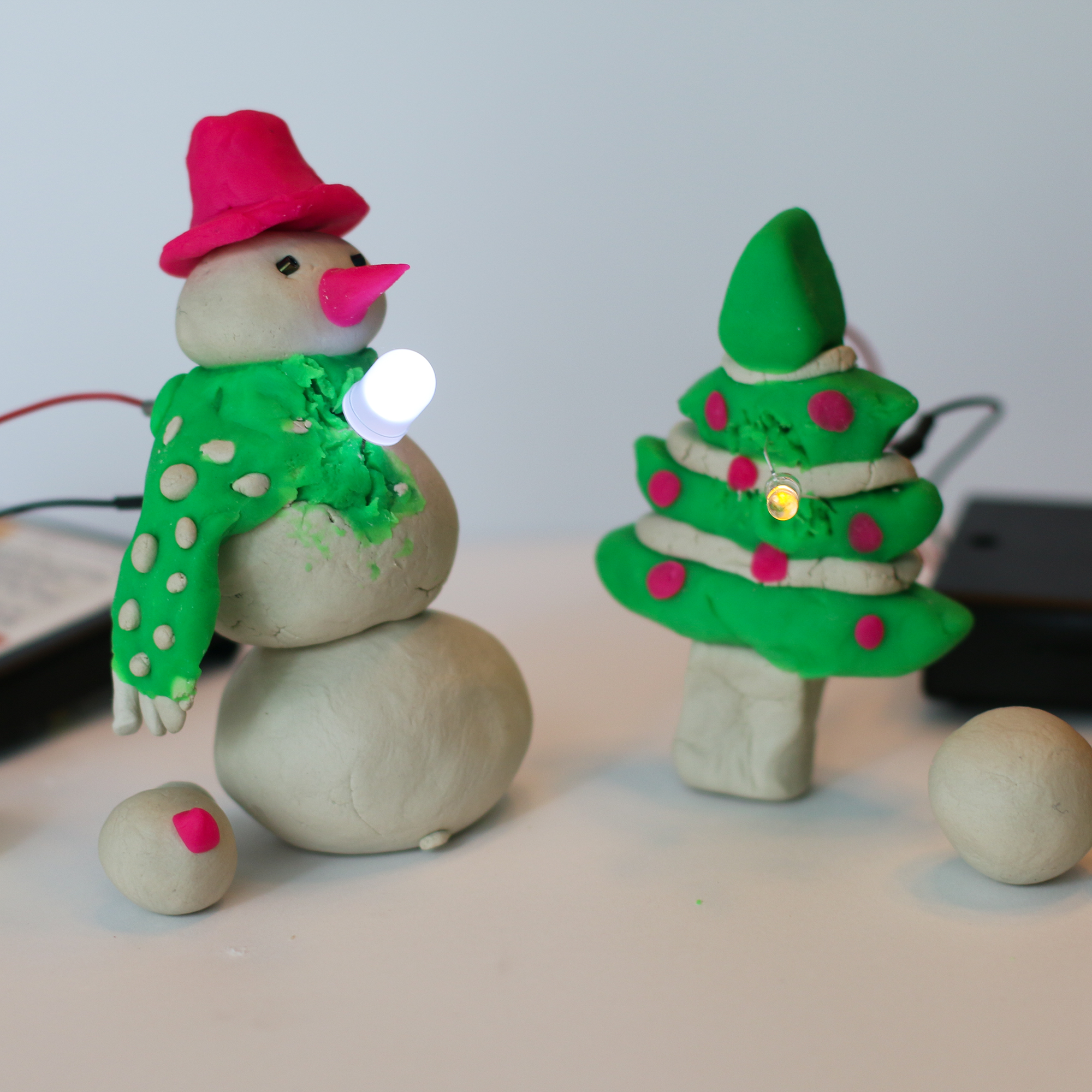 Snowman and Tree Electric Playdough Example Holiday STEM Activities - STEM Calendar For Educators: Month By Month STEM Projects
