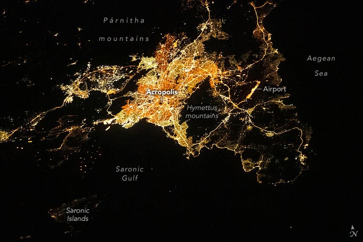 Athens Night Lights From ISS Annotated - Illuminating Athens, Greece: Nighttime Wonders From Space
