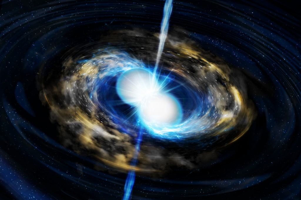 Artist’s conception of a neutron star merger. This process also creates heavy elements. Credit: Tohoku University - Simulation Perfectly Matches What We See When Neutron Stars Collide