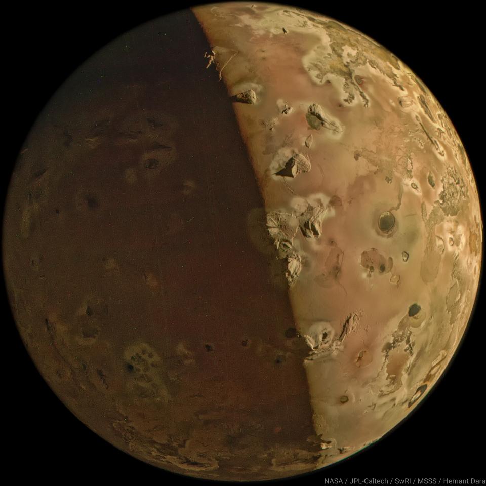 A composite image of Io showing the shaded and lit portions. Image Credit: NASA / JPL-Caltech / SwRI / MSSS / Hemant Dara © CC BY - Juno Makes Its Closest Flyby Of Io