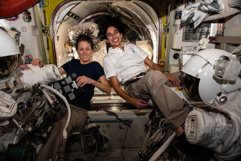 Astronauts Loral O’Hara and Jasmin Moghbeli Work on Spacesuits - From Spacesuit Loop Scrubs To VR Therapy: Decoding A Day Of Science Aboard The ISS