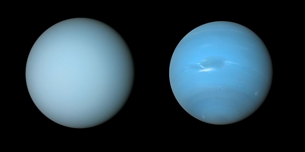 NASA’s Voyager 2 spacecraft captured these views of Uranus and Neptune (l, r, respectively) during its flybys of the planets in the 1980s. - Uranus And Neptune Are Actually Pretty Much The Same Color