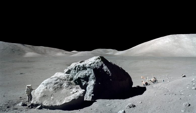 NASA Apollo 17 Astronaut Next to Huge Lunar Boulder - “Core Reaction” – Moon Rock Formation Discovery Solves Major Puzzle In Lunar Geology