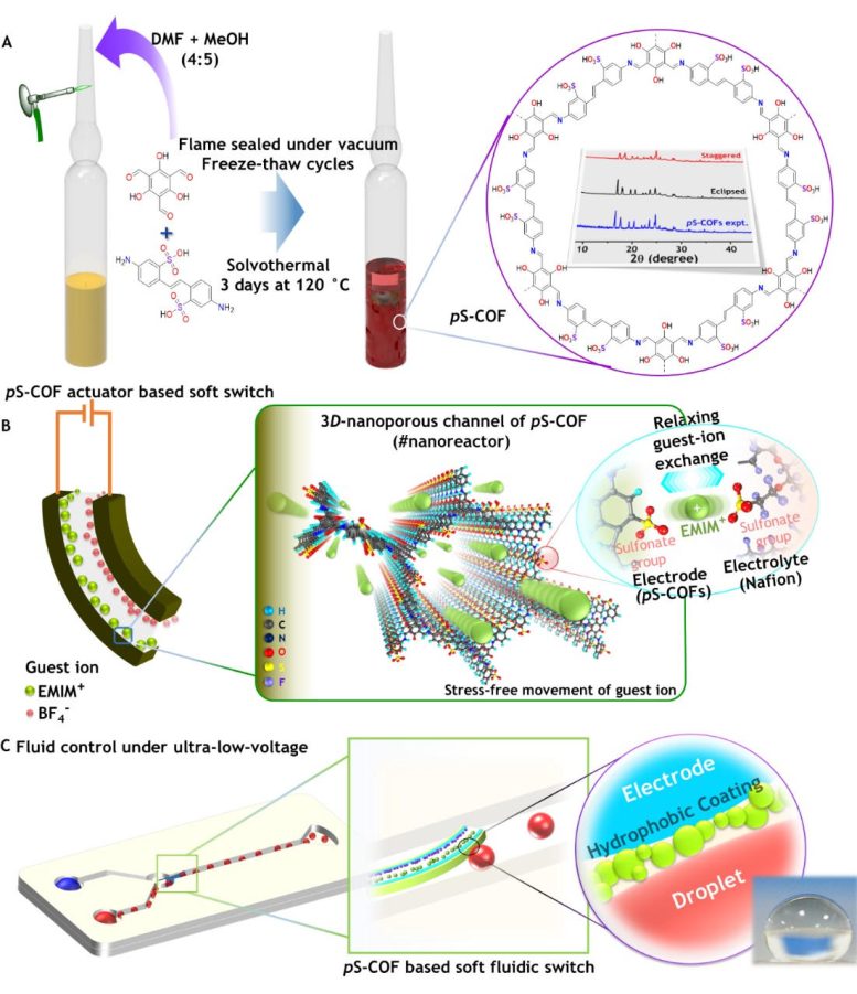 The Synthesis and Use of PS COF as a Common Electrode Electrolyte Host for Electroactive Soft Fluid Switches Graphic - Scientists Develop Artificial Muscle Device That Produces Force 34 Times Its Weight