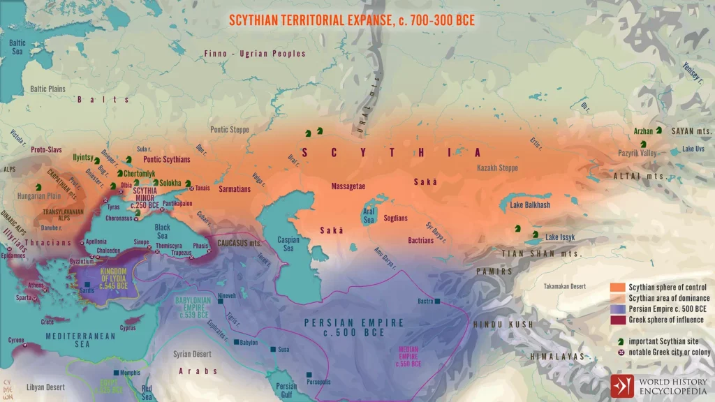 A map illustrating the expansion of the warrior nomad Scythians between the 7th and 3rd century BCE across Asia and Europe. - Ancient Scythians Made Leather Out Of The Skin Of Their Enemies, Confirming Herodotus’ Incredible Accounts