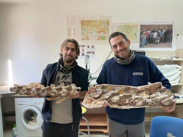 Damien Boschetto (left) holding some of the dinosaur bones he found - Amateur Paleontologist Finds Nearly Complete 70-million-year-old Massive Titanosaur While Walking His Dog