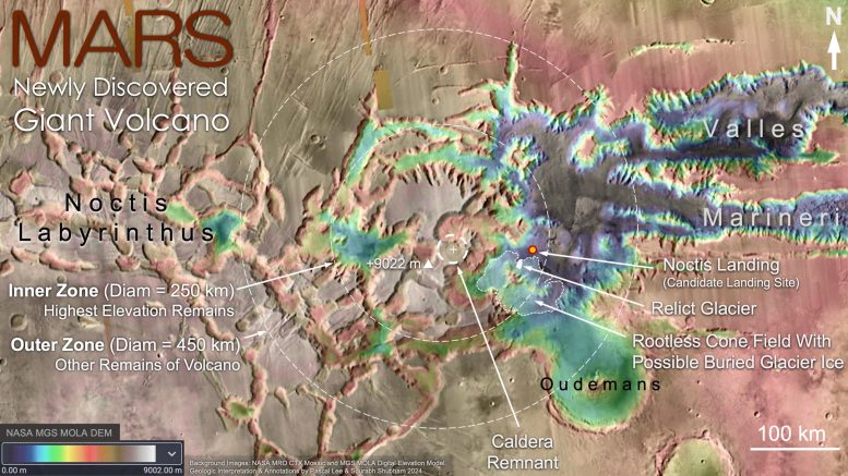 Topographic Map of Noctis Volcano - Mars Unmasked: Giant Volcano And Hidden Ice Challenge Old Theories