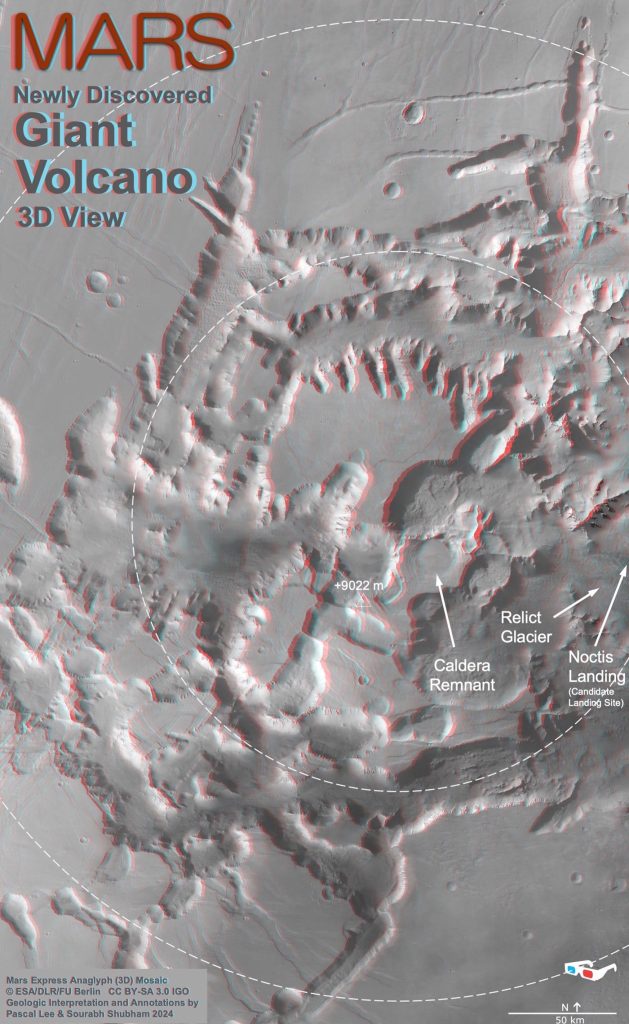 Noctis Volcano in 3D - Mars Unmasked: Giant Volcano And Hidden Ice Challenge Old Theories