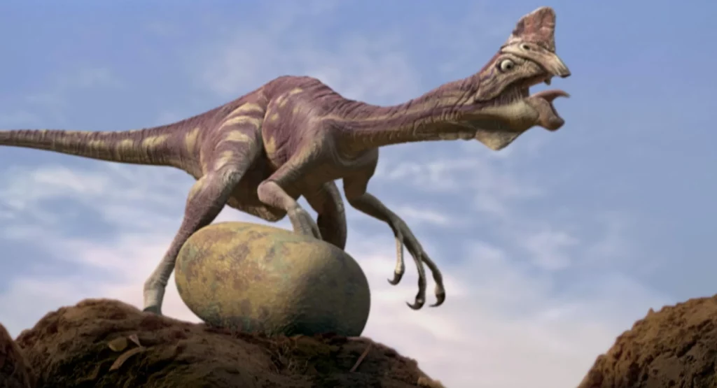 The Oviraptor peeks around before stealing the protagonist - Oviraptor: “Egg Thief”'s egg