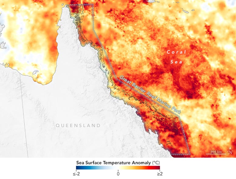 Great Barrier Reef Heat Stress March 2024 Annotated - Bleached Out: Heat Stress Cooks Great Barrier Reef