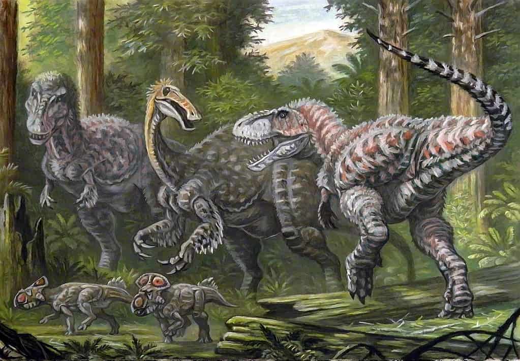 Two Tarbosaurus attacking a Deinocheirus - Tarbosaurus: “Alarming Lizard”