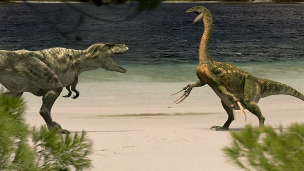 Tarbosaurus facing off a Therizinosaurus - Tarbosaurus: “Alarming Lizard”