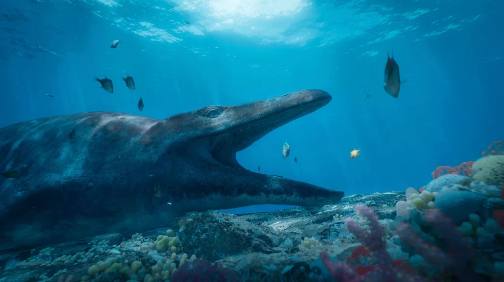 A Mosasaurus resting in shallow waters allows fish to clean its teeth - Mosasaurus: “Meuse Lizard”