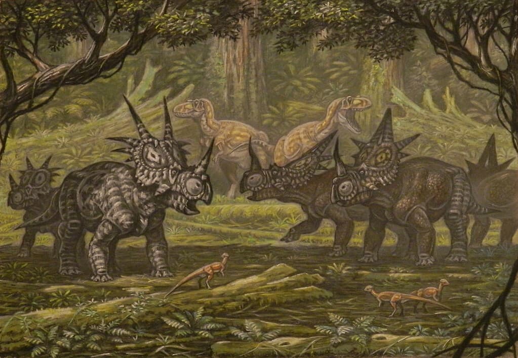 Styracosaurus (L) and Rubeosaurus (R) in their natural environment - Styracosaurus: “Spiked Lizard”