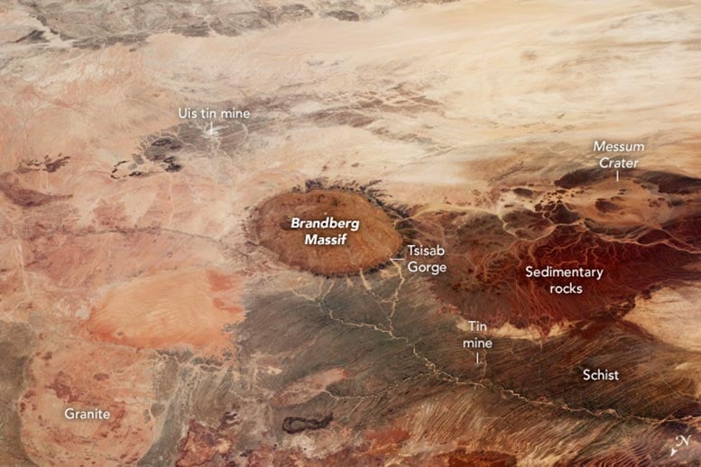 Brandberg Massif 2024 Annotated - Towering Brandberg: Stunning View Of “Burning Mountain” Of Granite Captured From Space