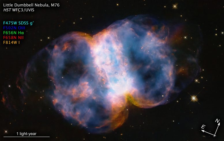 Little Dumbbell Nebula (M76) Annotated - Hubble Celebrates 34th Anniversary With A Spectacular View Of The Little Dumbbell Nebula